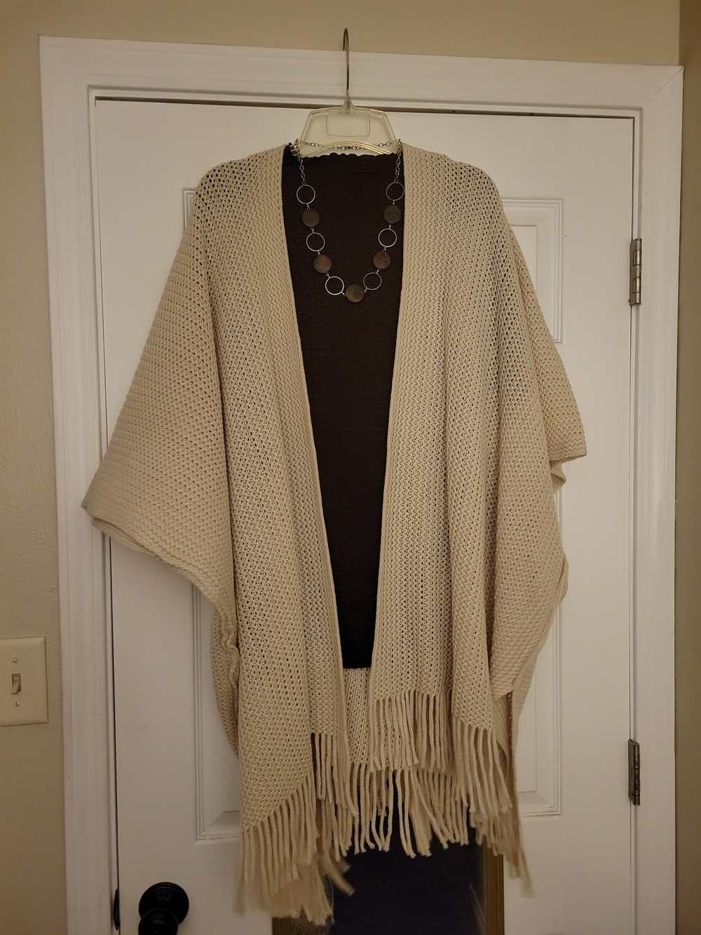 Steve Madden Cream Knit Fringe Open-Front Poncho